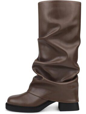 Women's Chocolate Slouchy Low Block Heel Square Toe Wide Mid Calf Tall Boots